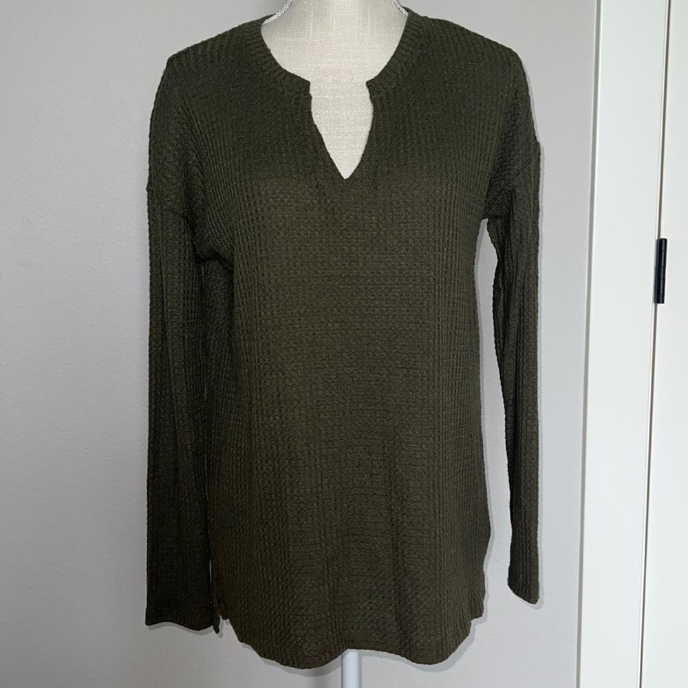 Sanctuary Olive Green Waffle Knit Long Sleeve Thermal Top Size Small